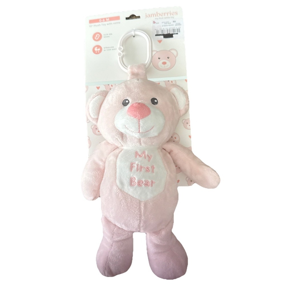 Baby My First Bear Pink 10" Lovey Rattle Plush Comfort Toy Gift Stroller Clip-On - Picture 1 of 5